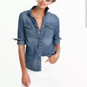 J Crew Western Chambray Denim Shirt w Pearl Snap Size 2